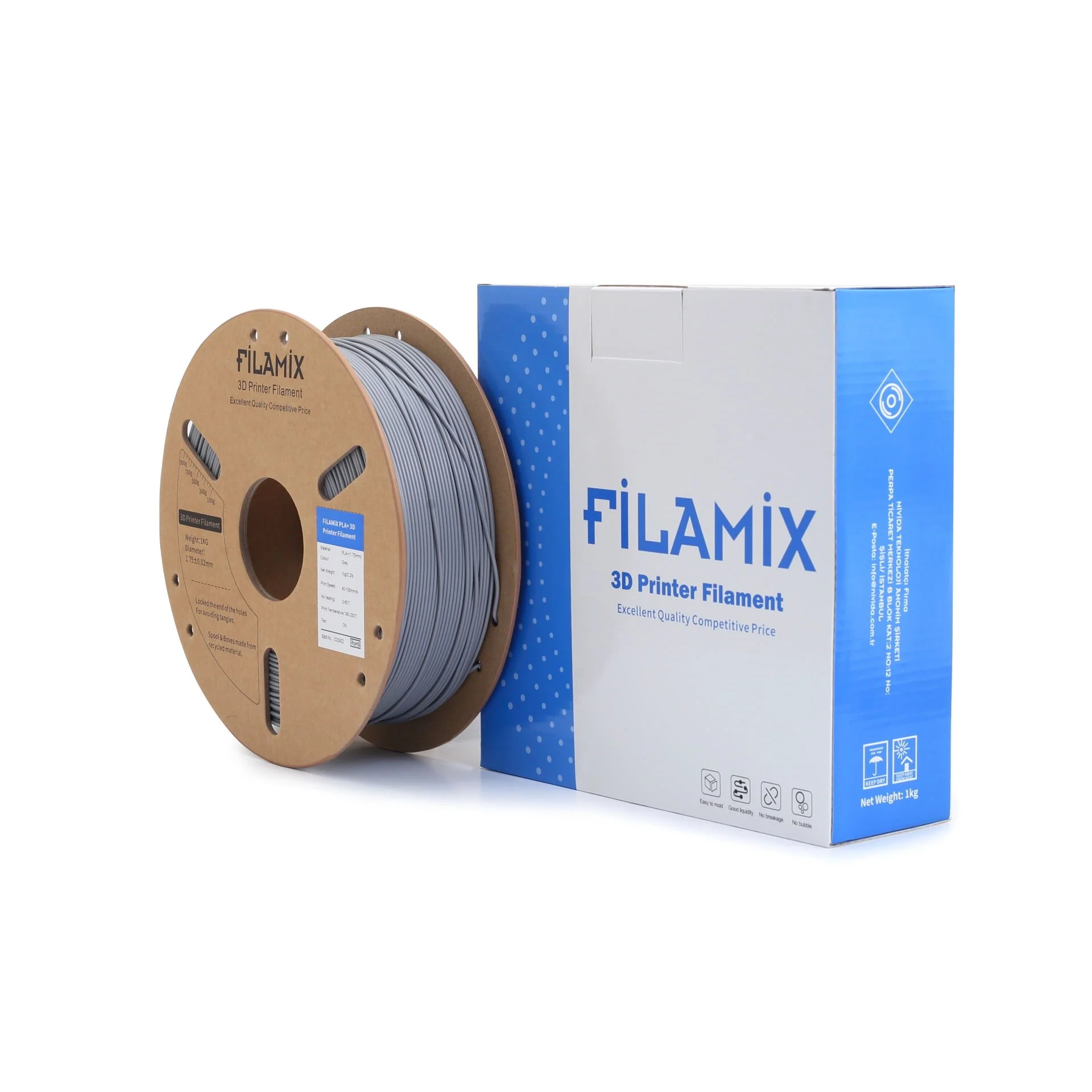 Filamix Filament PLA + 1.75mm 1 KG Plus Gri Renk