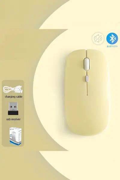 Kablosuz Sarj Özellikli Wifi - Bluetooth Mouse Sarı Renk
