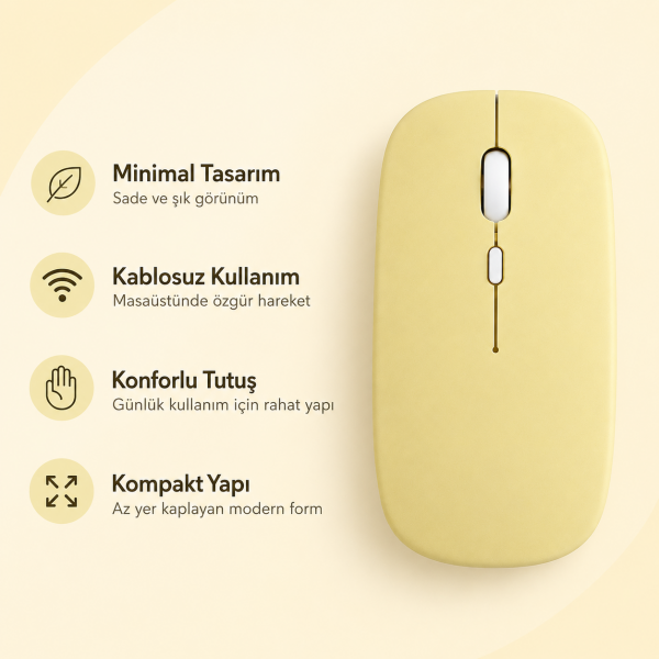 Kablosuz Sarj Özellikli Wifi - Bluetooth Mouse Sarı Renk