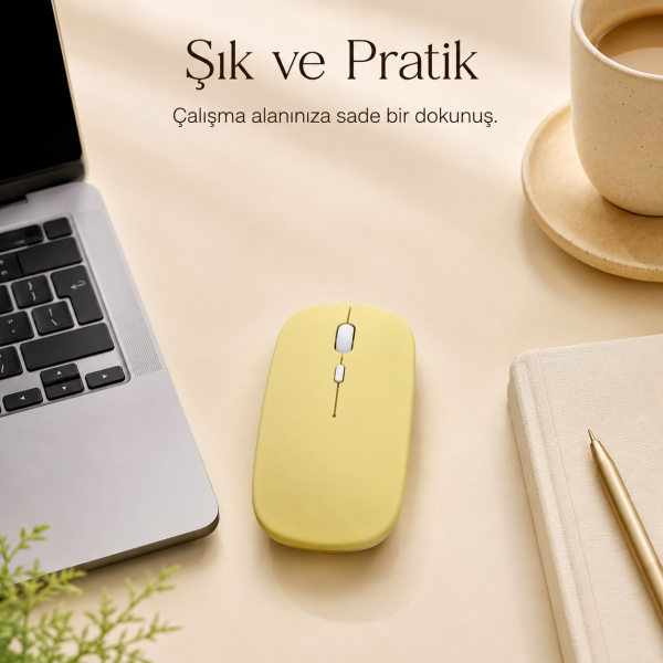 Kablosuz Sarj Özellikli Wifi - Bluetooth Mouse Sarı Renk