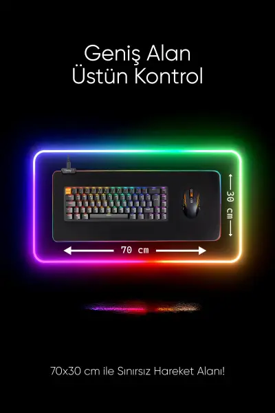 Deixy Rgb 13 Değişen Ledli Düz Siyah 70x30 Cm Gaming Oyuncu Mousepad Işıklı Mouse Pad
