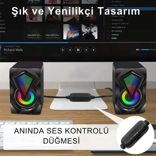Mini Bilgisayar Hoparlörü Rgb Led Işıklı Gaming Oyuncu Hoparlörü 3.5mm Jack Usb Speaker 1+1 Ses Sistemi