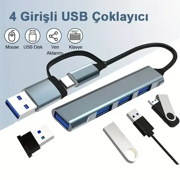 Osqar Type C USB Çoklayıcı 3.0 Usb Çoğaltıcı 4 Port Hem Type C Hem Usb Girişli