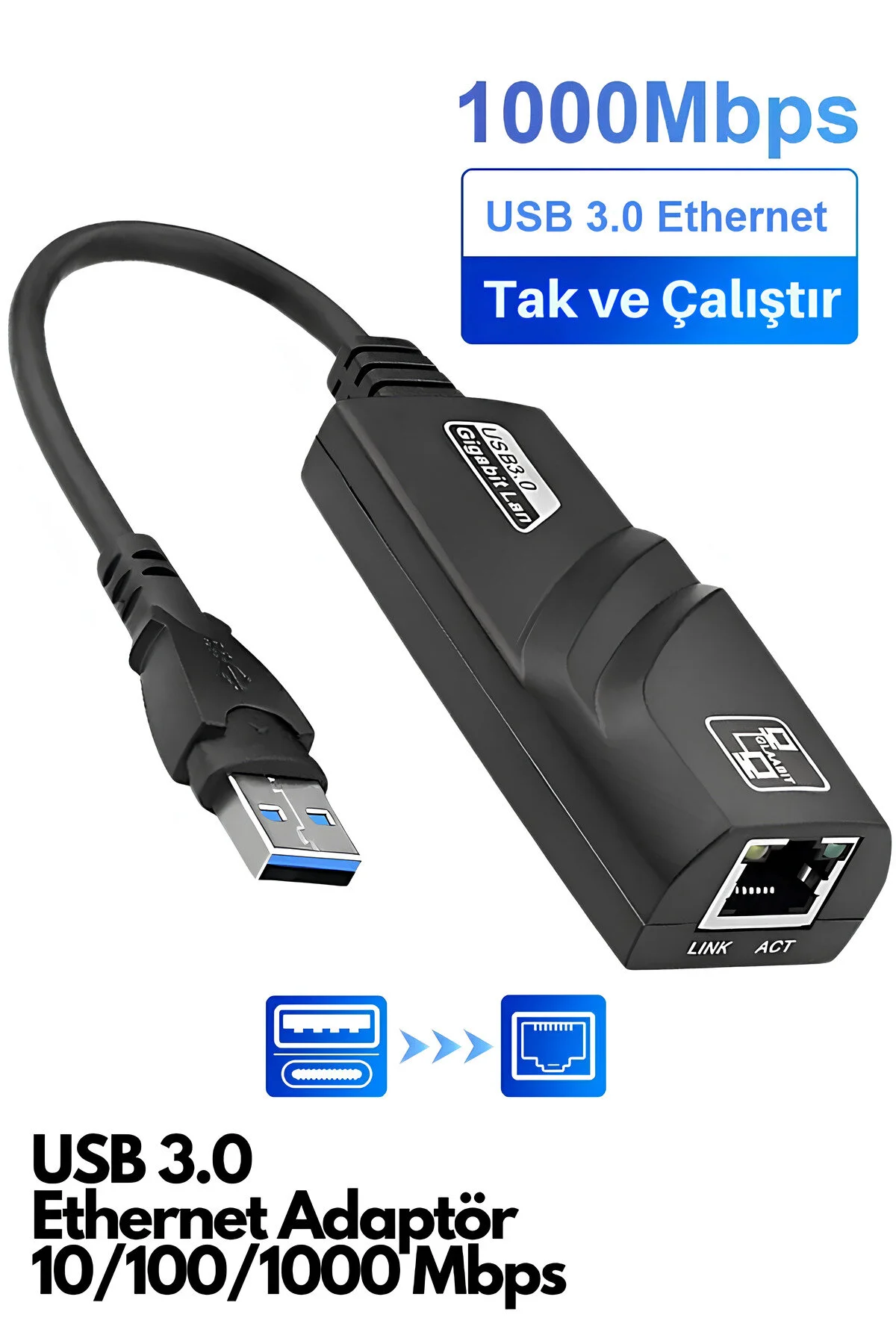 Osqar Usb 3.0 Ethernet Adaptör Çevirici Dönüştürücü Gigabit Destekli Yüksek Hızlı 10/100/1000 Mbps