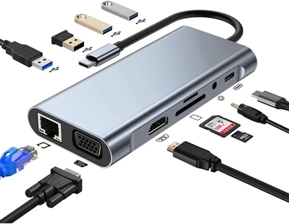 Osqar Type-C 11 in 1 Çoklayıcı Hub | HDMI VGA USB 3.0 LAN SD/TF AUX PD Destekli Dönüştürücü