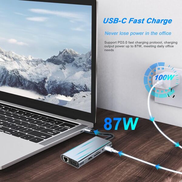Osqar Type-C 11 in 1 Çoklayıcı Hub | HDMI VGA USB 3.0 LAN SD/TF AUX PD Destekli Dönüştürücü
