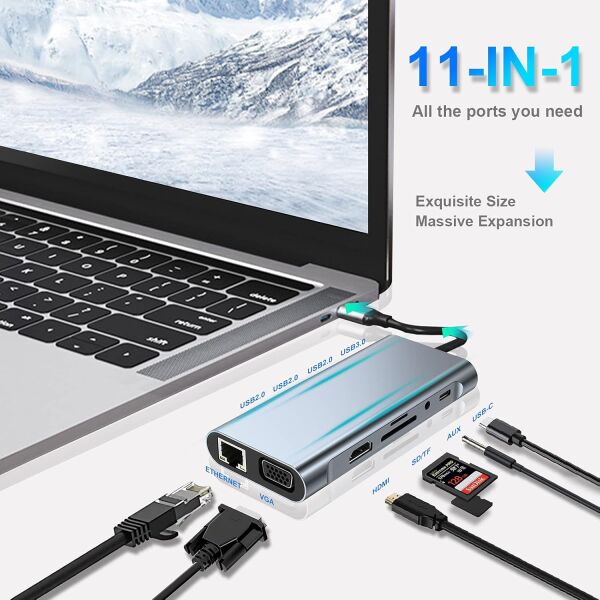 Osqar Type-C 11 in 1 Çoklayıcı Hub | HDMI VGA USB 3.0 LAN SD/TF AUX PD Destekli Dönüştürücü