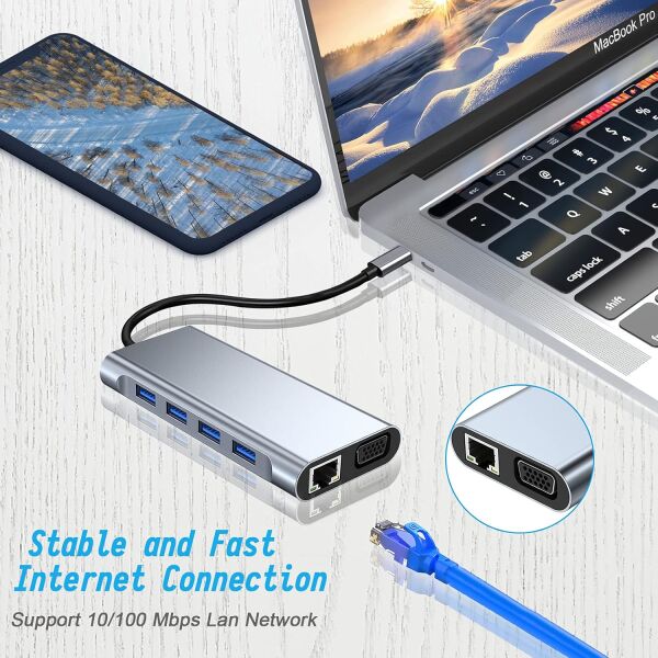 Osqar Type-C 11 in 1 Çoklayıcı Hub | HDMI VGA USB 3.0 LAN SD/TF AUX PD Destekli Dönüştürücü