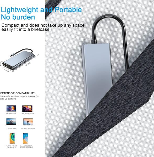 Osqar Type-C 11 in 1 Çoklayıcı Hub | HDMI VGA USB 3.0 LAN SD/TF AUX PD Destekli Dönüştürücü