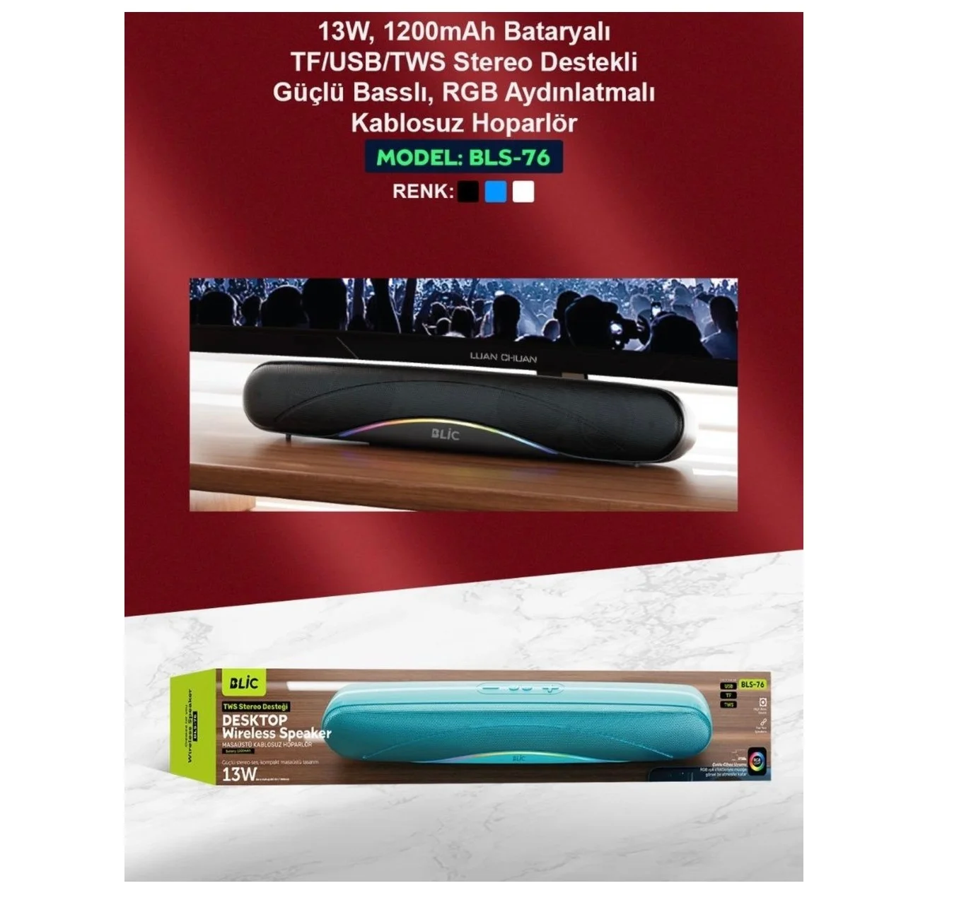 Bls-76 Bluetooth Soundbar Hoparlör 13W – Rgb Işıklı – Tws Stereo – Usb -tf Destekli Kablosuz Speaker