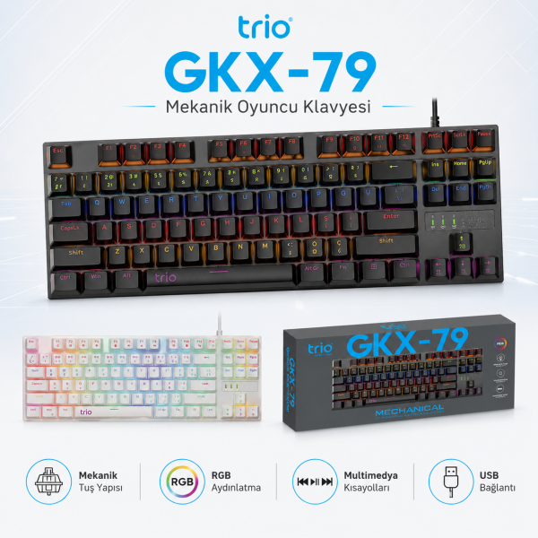 TRİO TRGKX79 OYUNCU KLAVYESİ MEKANİK BLUE SWİTCH RGB BEYAZ RENK