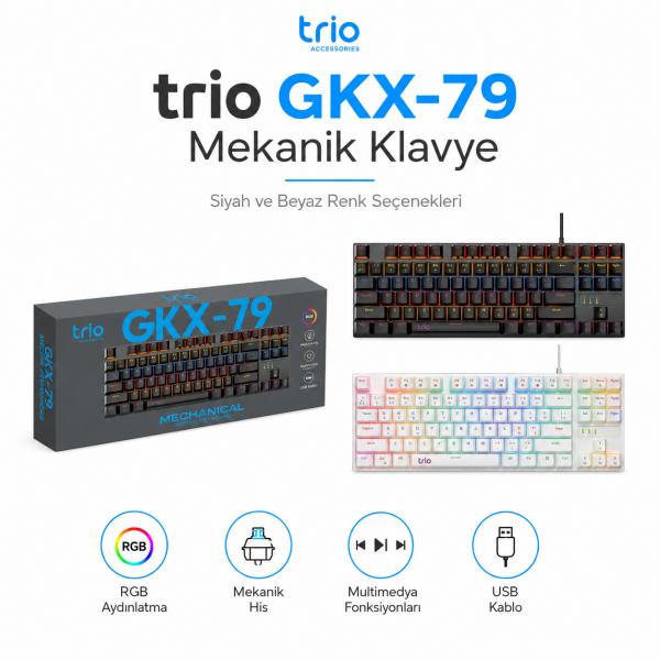 TRİO TRGKX79 OYUNCU KLAVYESİ MEKANİK BLUE SWİTCH RGB BEYAZ RENK