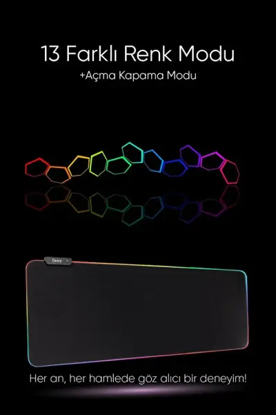 Deixy Rgb 13 Değişen Ledli Düz Siyah 80x30 Cm Gaming Oyuncu Mousepad Işıklı Mouse Pad