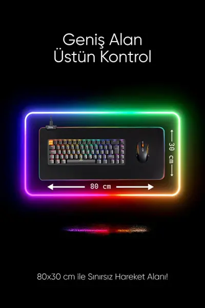 Deixy Rgb 13 Değişen Ledli Düz Siyah 80x30 Cm Gaming Oyuncu Mousepad Işıklı Mouse Pad