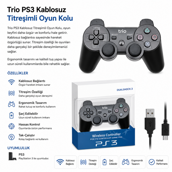 Trio PS3 UYUMLU KABLOSUZ SARJLI OYUN KOLU & JOYSTICK