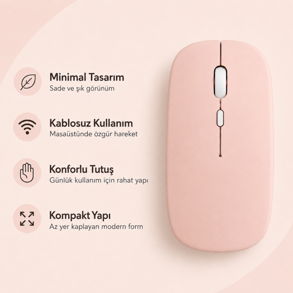 Kablosuz Sarj Özellikli Wifi - Bluetooth Mouse Açık Pembe Renk
