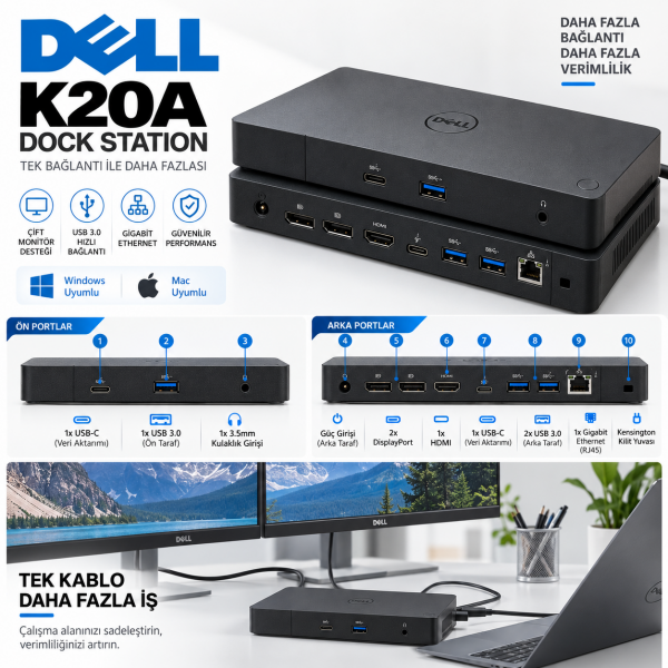 Dell K20A Dock Station – Orijinal 130W Adaptörlü | 3 Ay Garantili