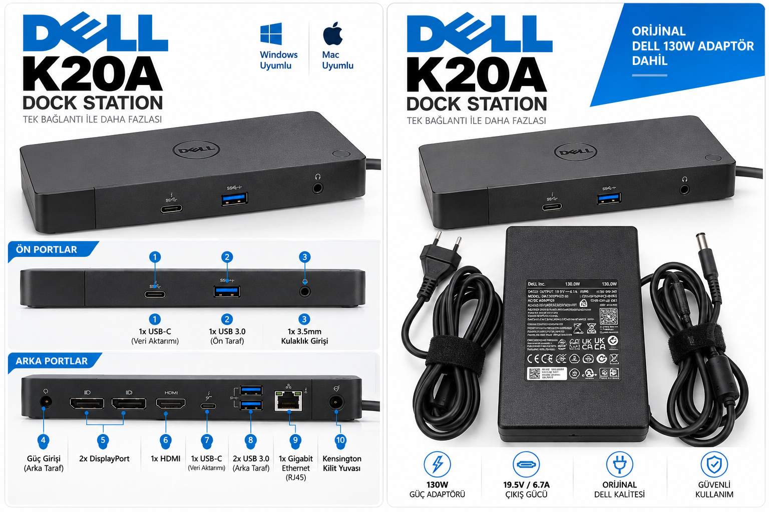 Dell K20A Dock Station – Orijinal 130W Adaptörlü | 3 Ay Garantili