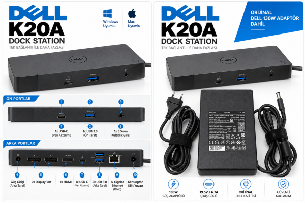 Dell K20A Dock Station – Orijinal 130W Adaptörlü | 3 Ay Garantili